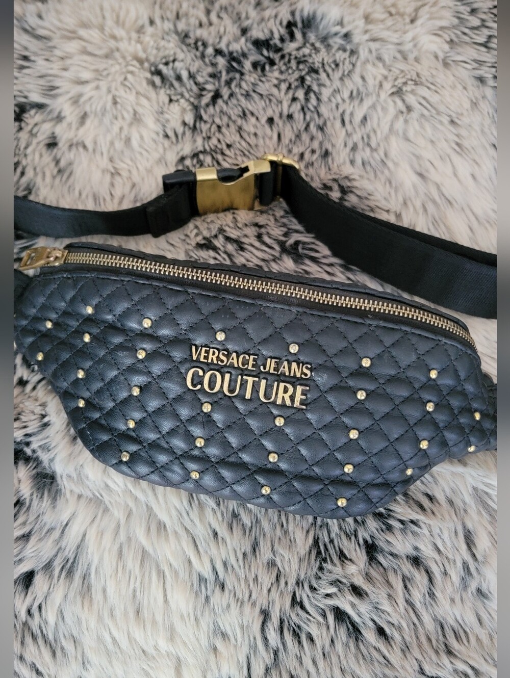 AUTHENTIC VERSACE JEANS COUTURE,BLACK QUILTED STUDDED CROSSBODY BELT BAG!